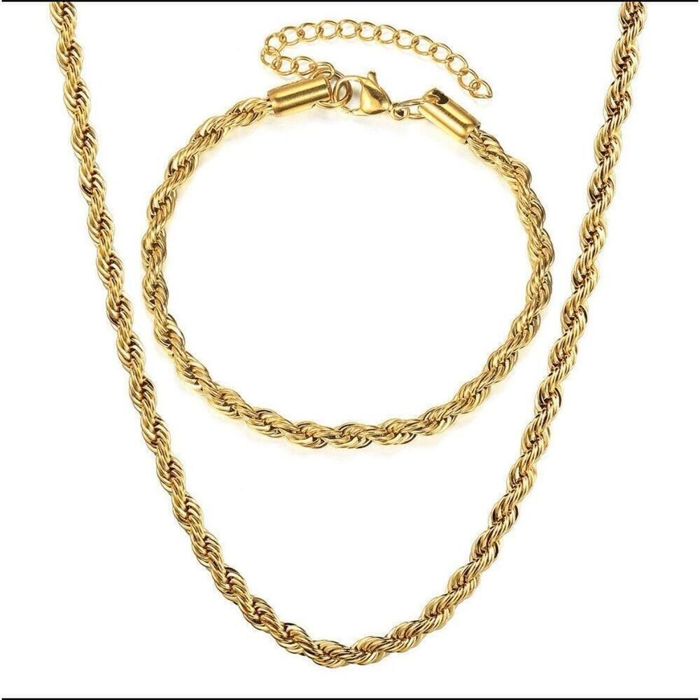 Gold Plated Rope Chain Necklace SET bracelet stainless Steel Womens Jewelry 18”